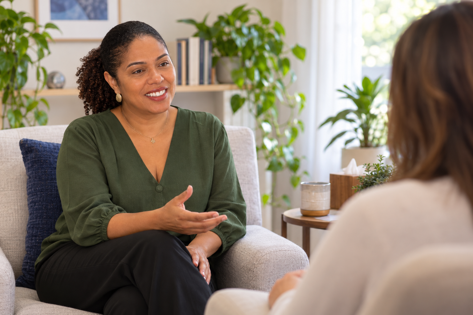 Conversa em psicoterapia, com uma mulher de blusa verde diante de outra pessoa